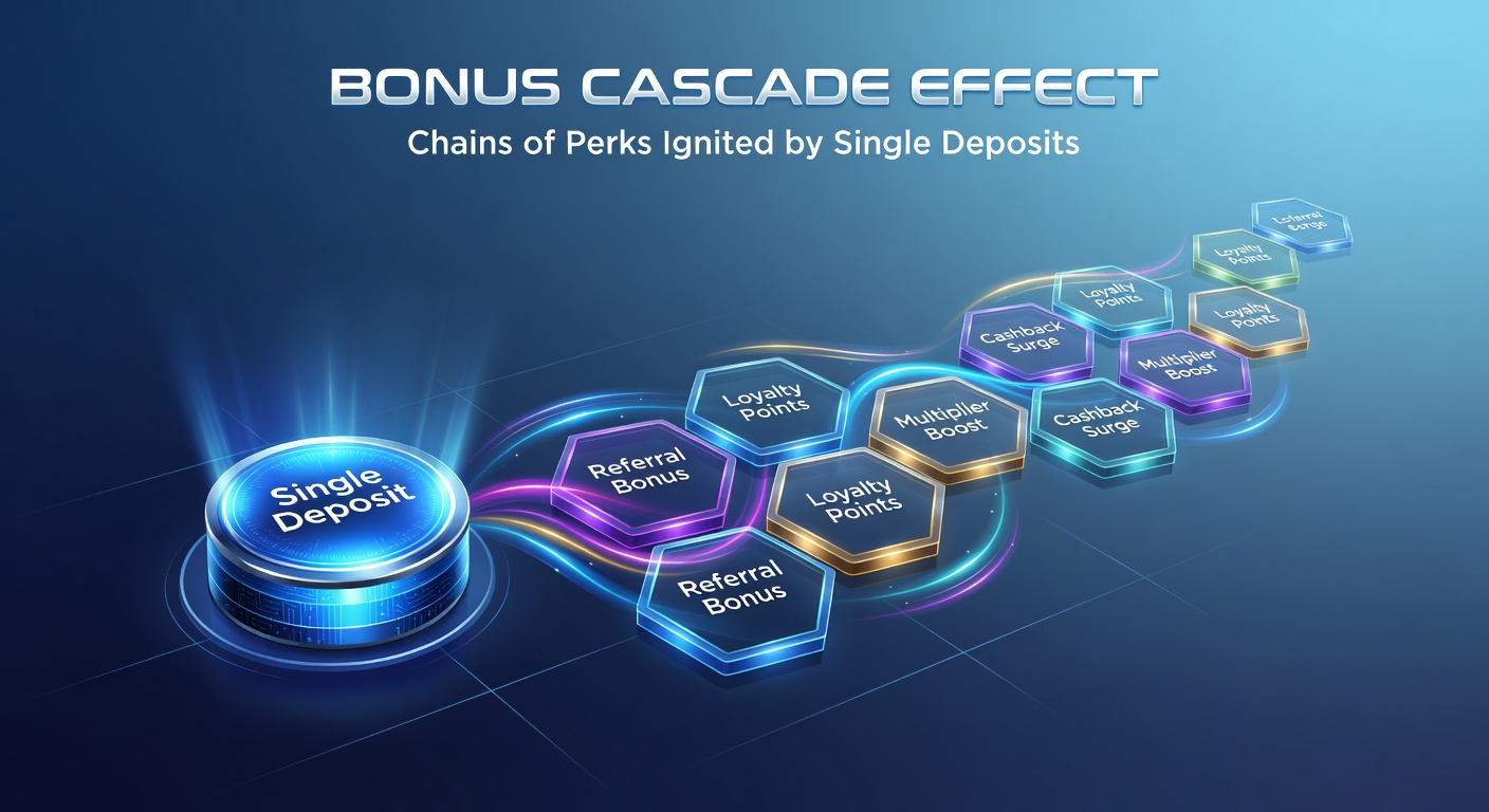 Visual representation of a single deposit triggering a chain of cascading bonuses, free spins, and loyalty perks in an online casino interface