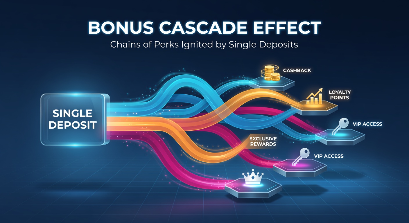 Infographic depicting a bonus cascade flowchart, showing a single deposit branching into free spins, cashback, loyalty points, and cross-game rewards