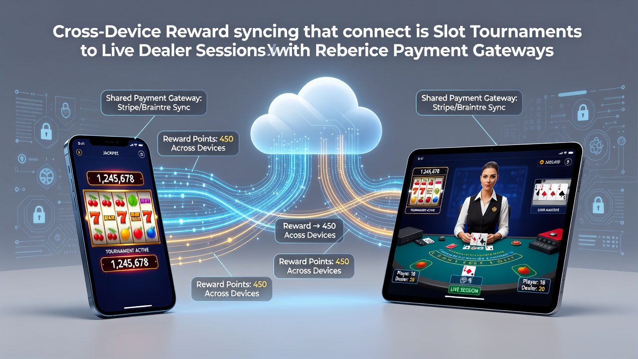 Cross-device reward syncing interface showing slot tournament progress linked to live dealer session on mobile and desktop screens