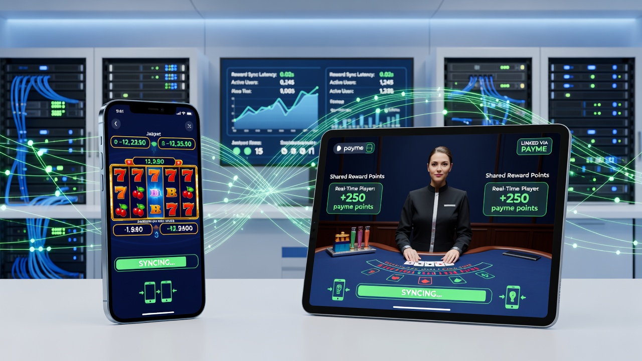 Live dealer table interface displaying synced rewards from recent slot tournament activity on connected devices