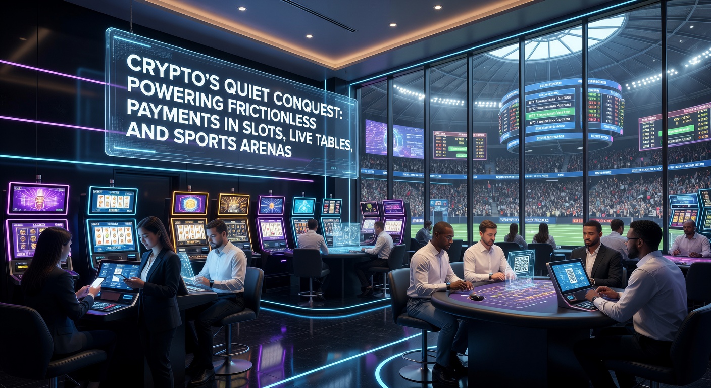 Digital cryptocurrency icons overlaying vibrant casino slot machines, live roulette tables, and sports betting interfaces, symbolizing seamless payment integration