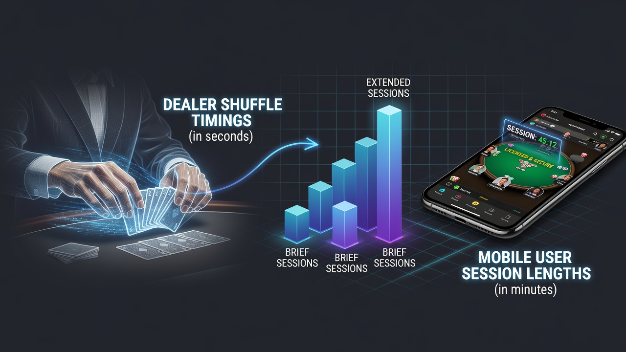 Mobile poker interface showing live dealer table with timing indicators during shuffle sequences