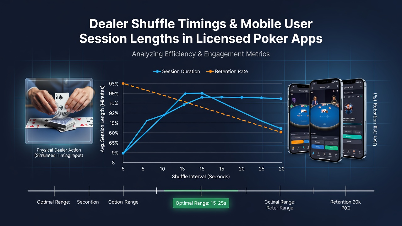 Analytics dashboard displaying session duration graphs overlaid with shuffle timing data points from licensed poker applications
