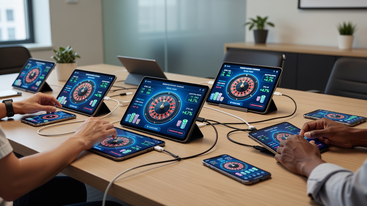 Mobile devices displaying poker and roulette interfaces with sync indicators