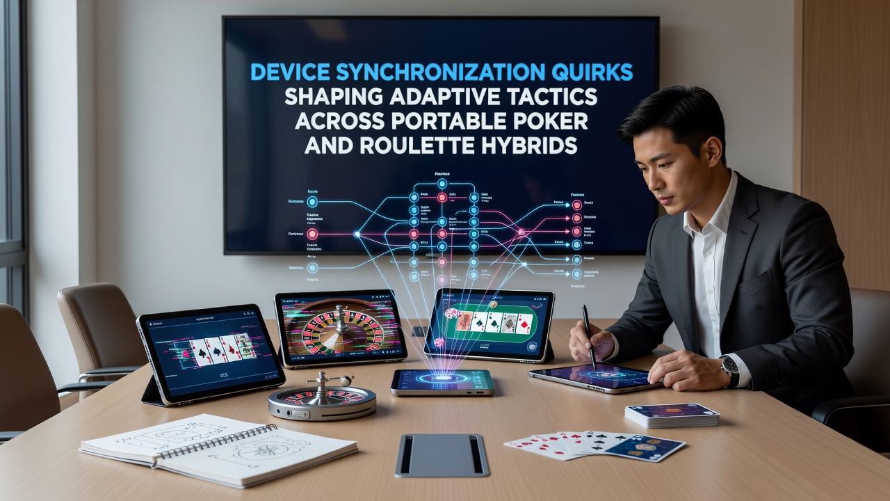 Player adjusting settings on a tablet while viewing synchronized roulette and poker screens