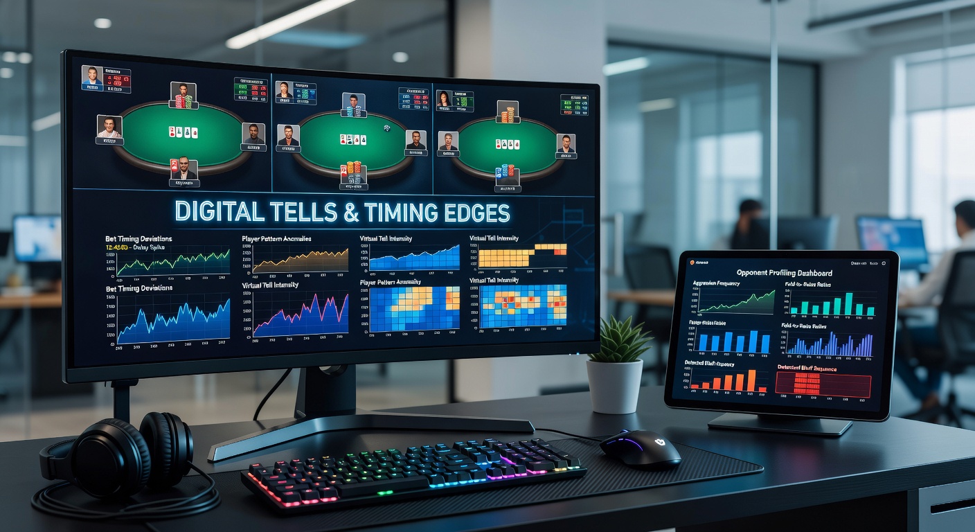 Split-screen view of an online poker table showing bet history graphs, player stats HUD, and a clock ticking during a tense decision point
