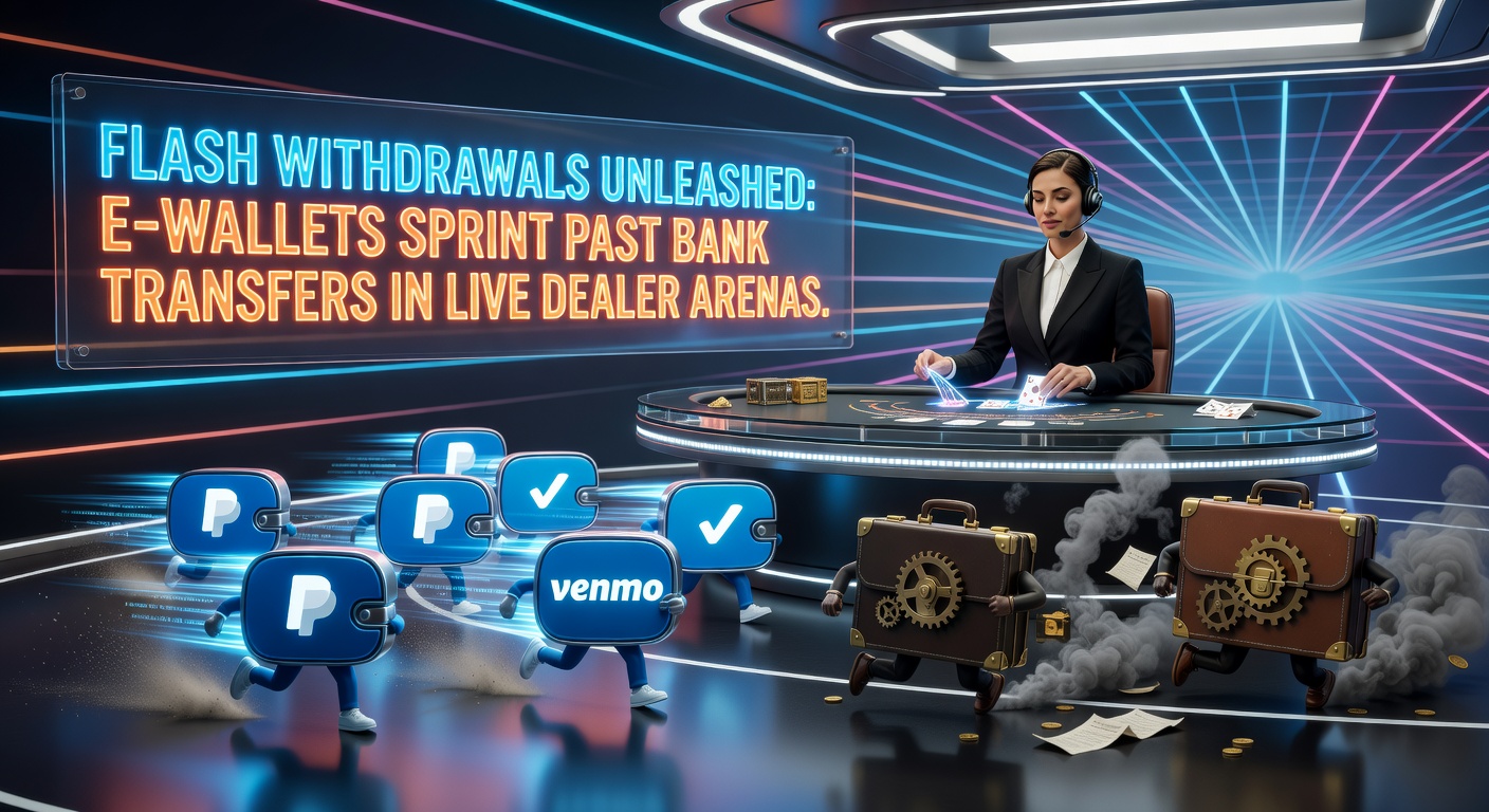 Dynamic graphic showing e-wallet icons racing past a sluggish bank transfer truck in a live casino environment