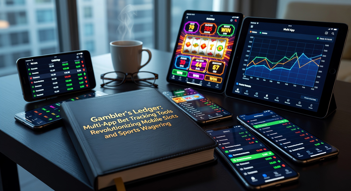 Mobile phone screen split between a slots game spin result and a sports bet slip, overlaid with Gambler's Ledger tracking overlay showing aggregated stats