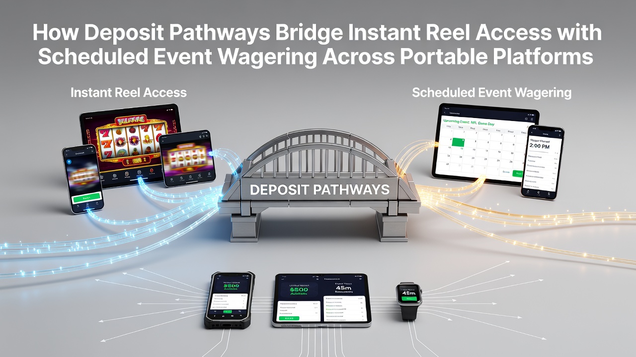 Mobile device showing deposit options linking slot reels and sports event betting interfaces