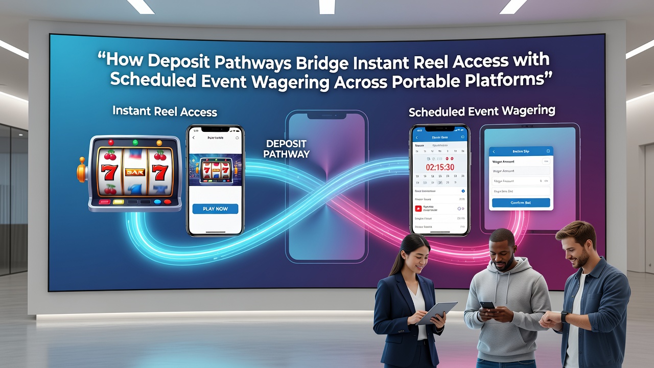 Split screen view of slot reels and upcoming sports events funded through the same deposit on a tablet