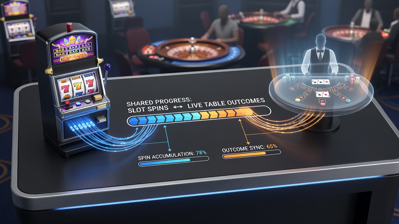 Screenshot of a casino interface displaying shared progress bar between slots and live roulette table