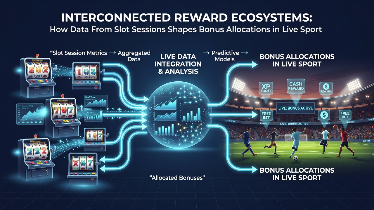 Diagram showing data flow from slot sessions to bonus allocations in live sports and dealer formats