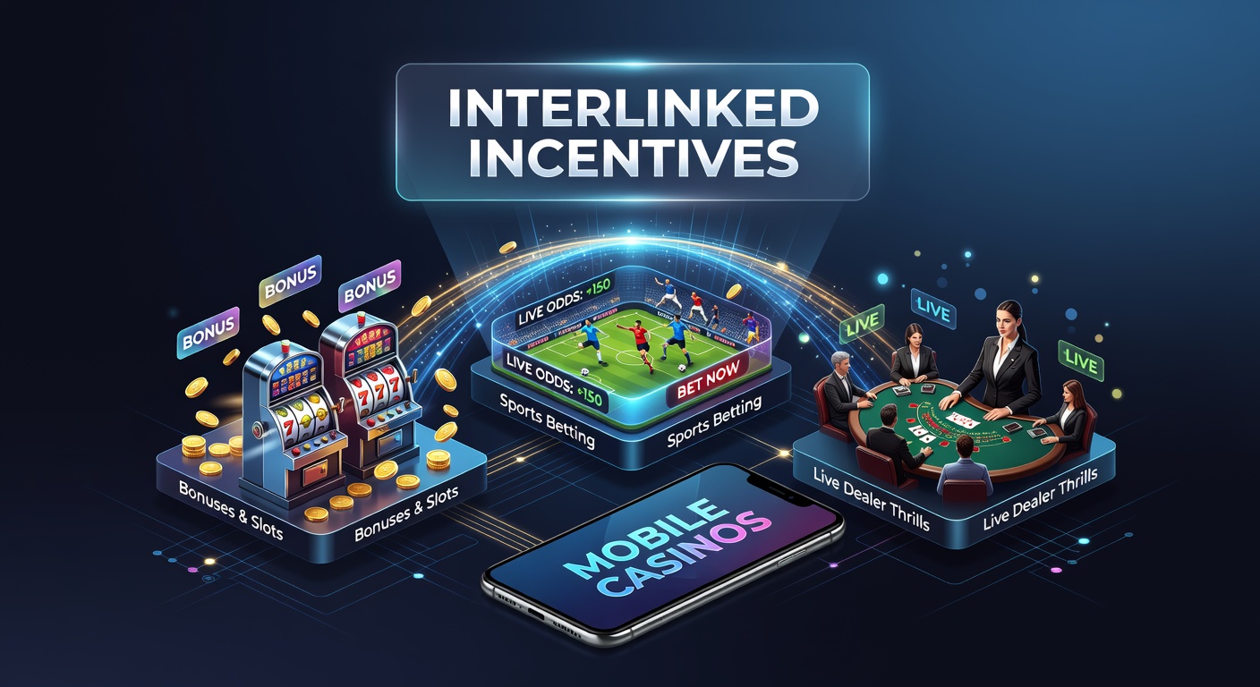 Mobile casino app interface showing interconnected bonuses across slots, sports betting, and live dealer games