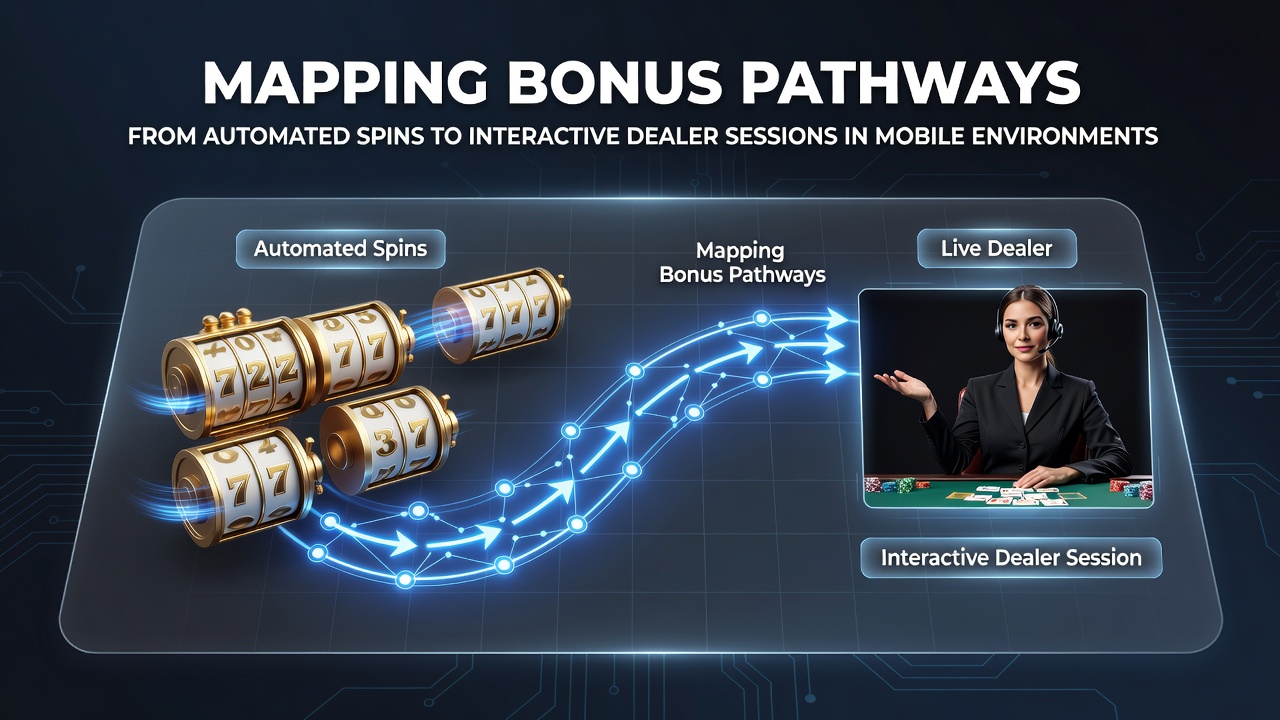 Mobile casino interface showing slot games transitioning to live dealer tables with bonus indicators