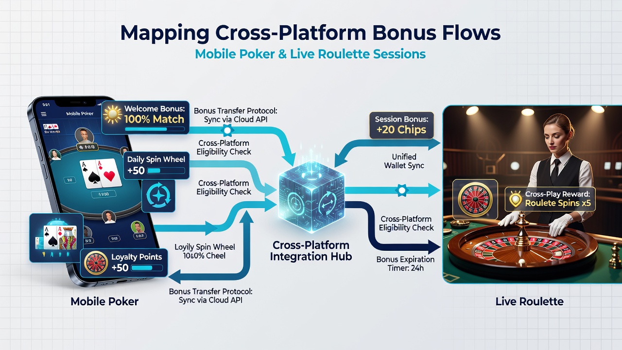 Diagram illustrating bonus balance movement between poker and roulette mobile apps with flow arrows and data points
