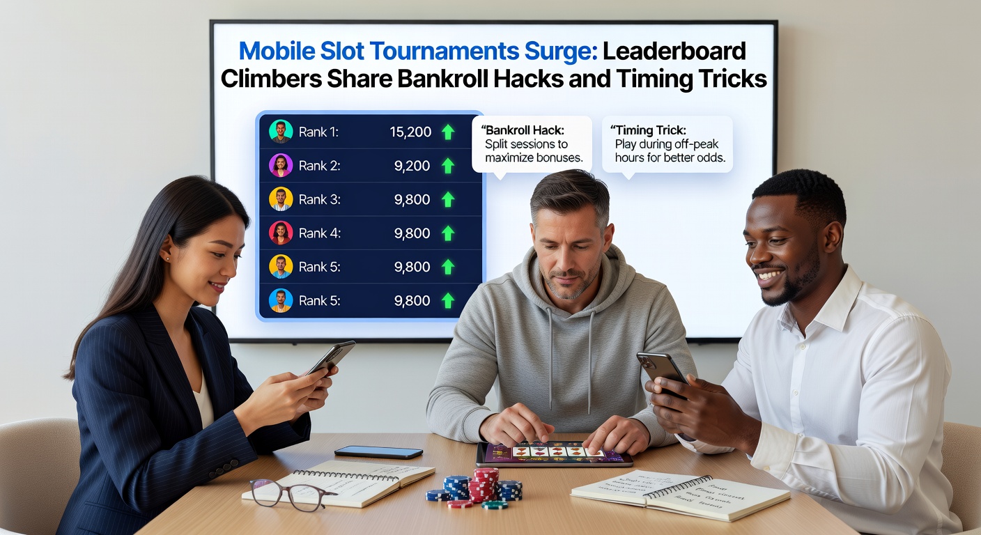 Vibrant mobile slot tournament leaderboard glowing with top players' avatars and escalating prize pots, capturing the competitive frenzy on smartphones
