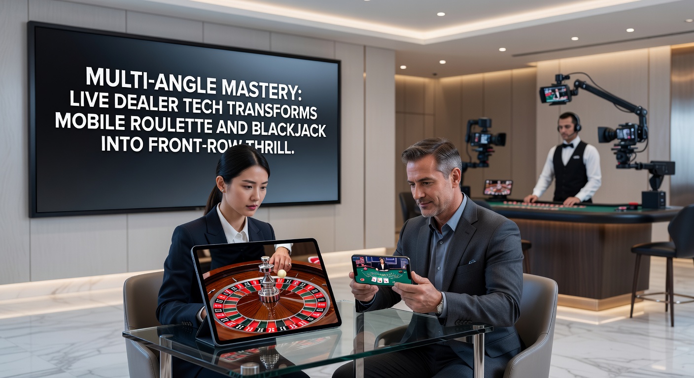 Live blackjack dealer dealing cards under multi-angle studio lights, with mobile phone interface overlay showing various camera feeds