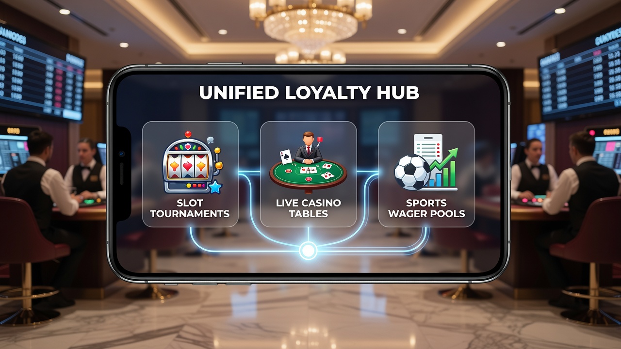 Mobile app interface displaying unified loyalty points across slot tournaments, live casino tables, and sports wager pools