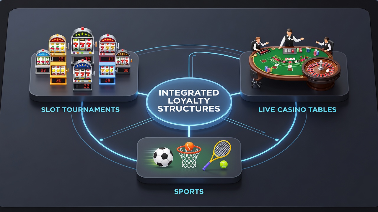 Dashboard view of loyalty progression linking slot events, dealer tables, and sports pools in one mobile session