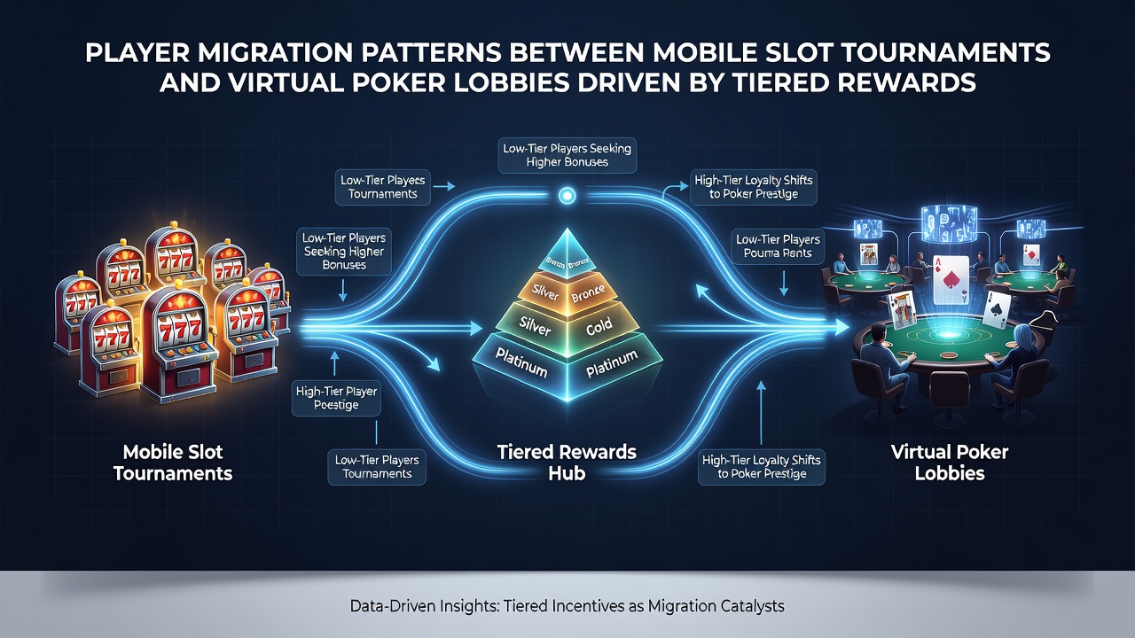 Analytics dashboard displaying player flow between slot tournaments and poker lobbies with tier progression arrows and payment reward indicators