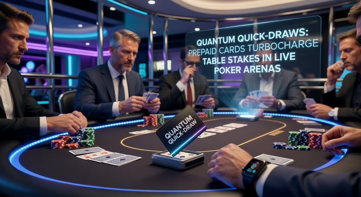 Players at a bustling live poker table swiftly buying in with prepaid cards, chips stacking high amid the tension of high-stakes action