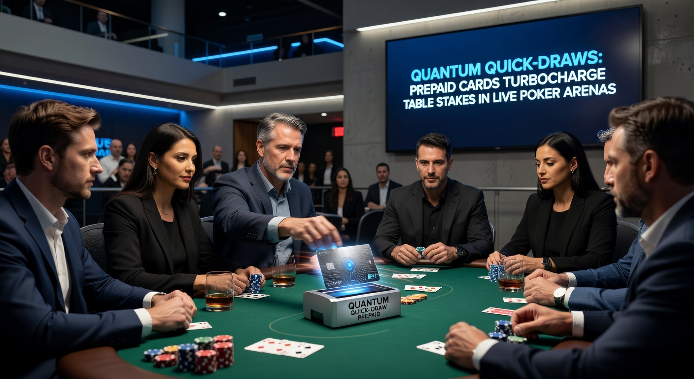 Close-up of a prepaid card kiosk at a casino poker cage, screen displaying instant chip redemption amid stacks of poker chips