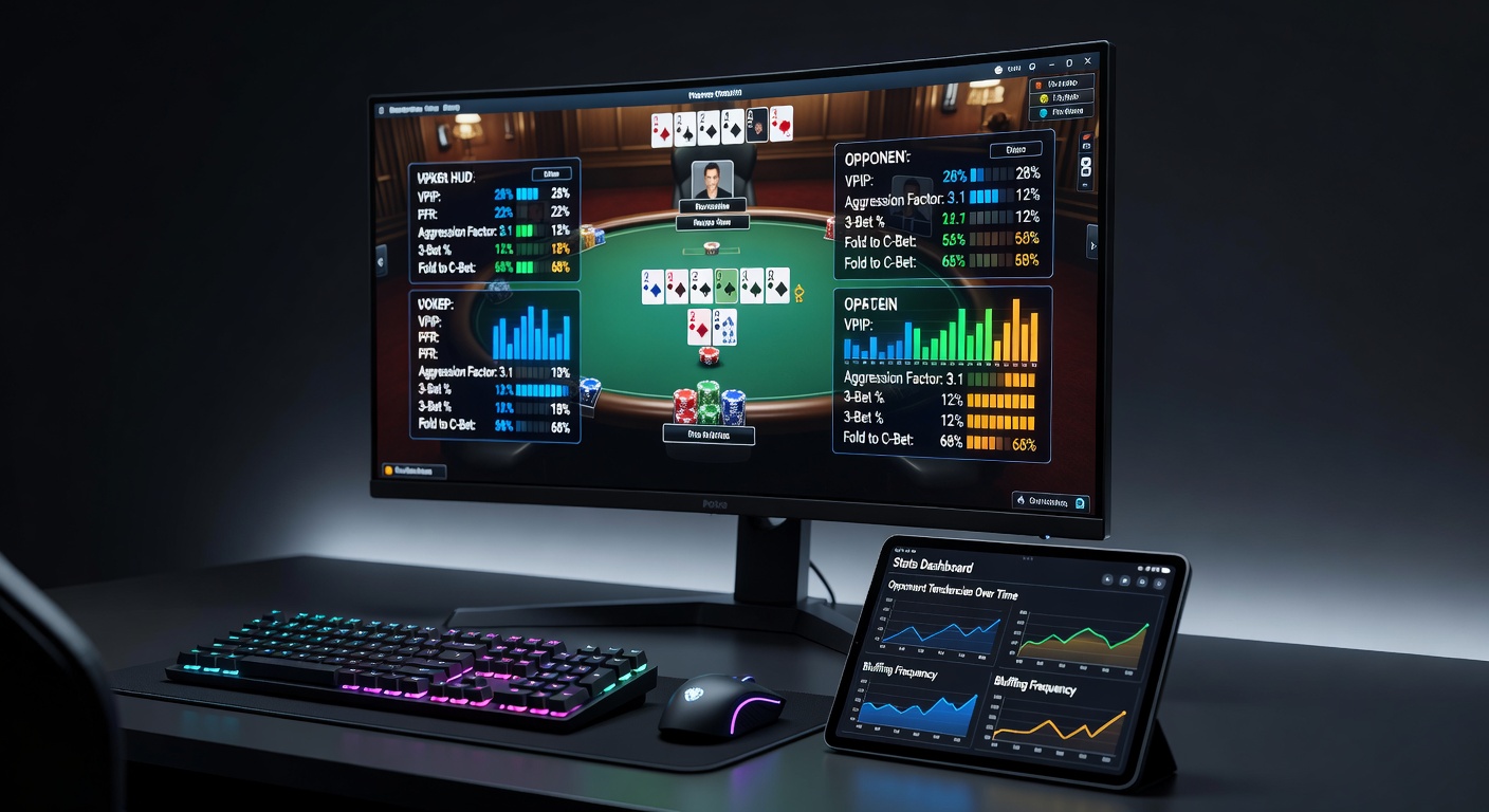 Poker HUD overlay on an online table showing color-coded player stats and graphs