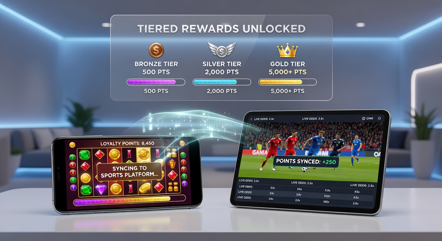 Player interface highlighting tiered rewards and combined loyalty balance from mobile slots and live sports events