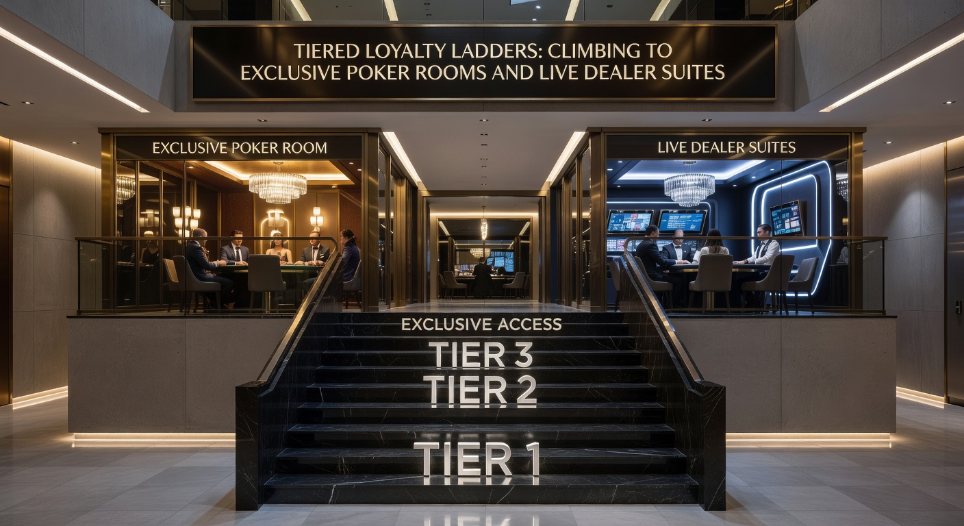 Visual representation of a glowing loyalty ladder ascending toward locked doors of exclusive poker rooms and live dealer suites, symbolizing tiered progression in casino programs