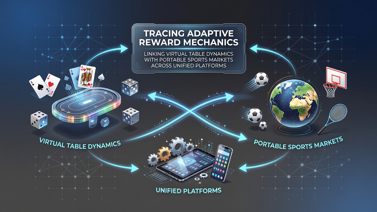 Unified gaming platform dashboard showing reward points flowing between virtual table sessions and mobile sports markets