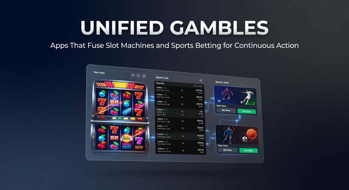 Screenshot of a hybrid betting app interface showing slot reels alongside live sports odds, with seamless transitions between games