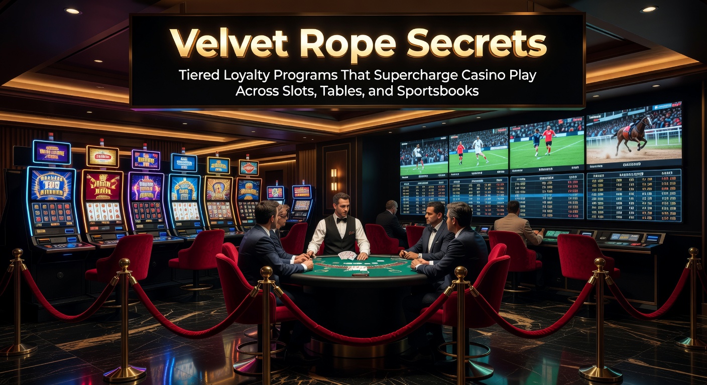 Vibrant casino floor with glowing slot machines, elegant table games, and bustling sportsbook screens highlighting tiered loyalty perks in action