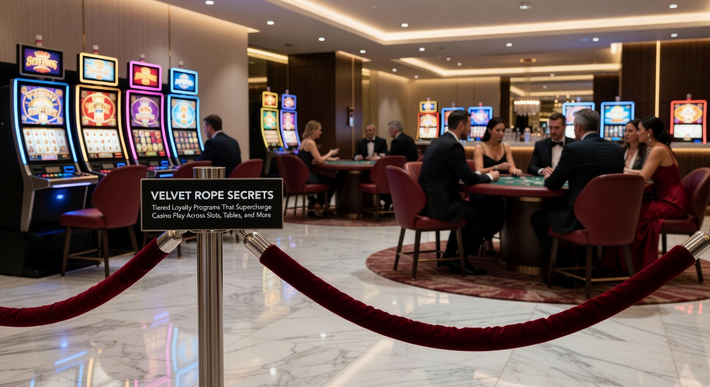Close-up of a loyalty card being swiped at a casino rewards desk, with tier badges glowing on a digital screen displaying slots, poker tables, and betting odds